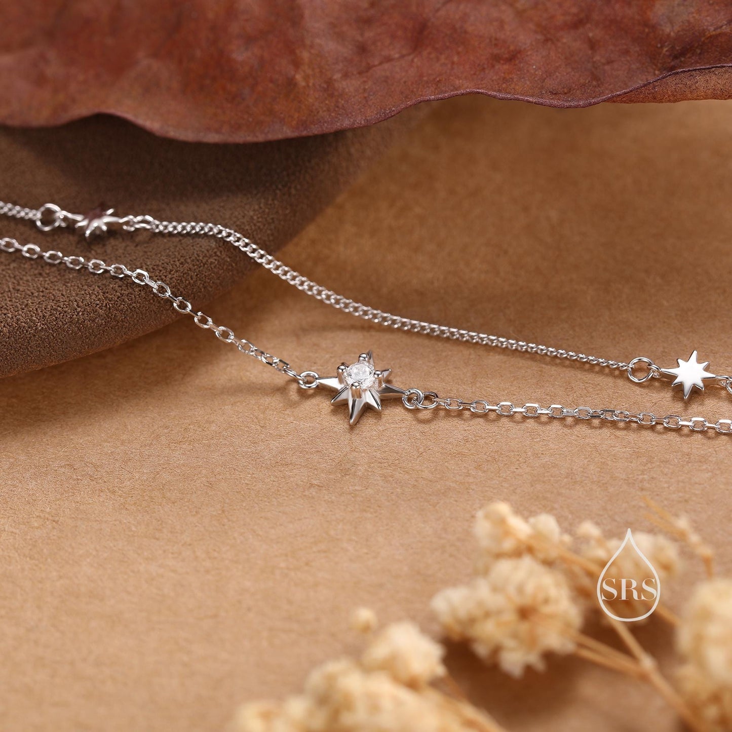 Starburst Two Layer Bracelet in Sterling Silver with Star Motif, Silver or Gold or Rose Gold, Double Layer Star Bracelet, Starburst Bracelet