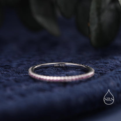 Extra Skinny  Pink CZ Pave Ring in Sterling Silver, Silver or Gold Finish, Eternity Ring, US 5 - 8