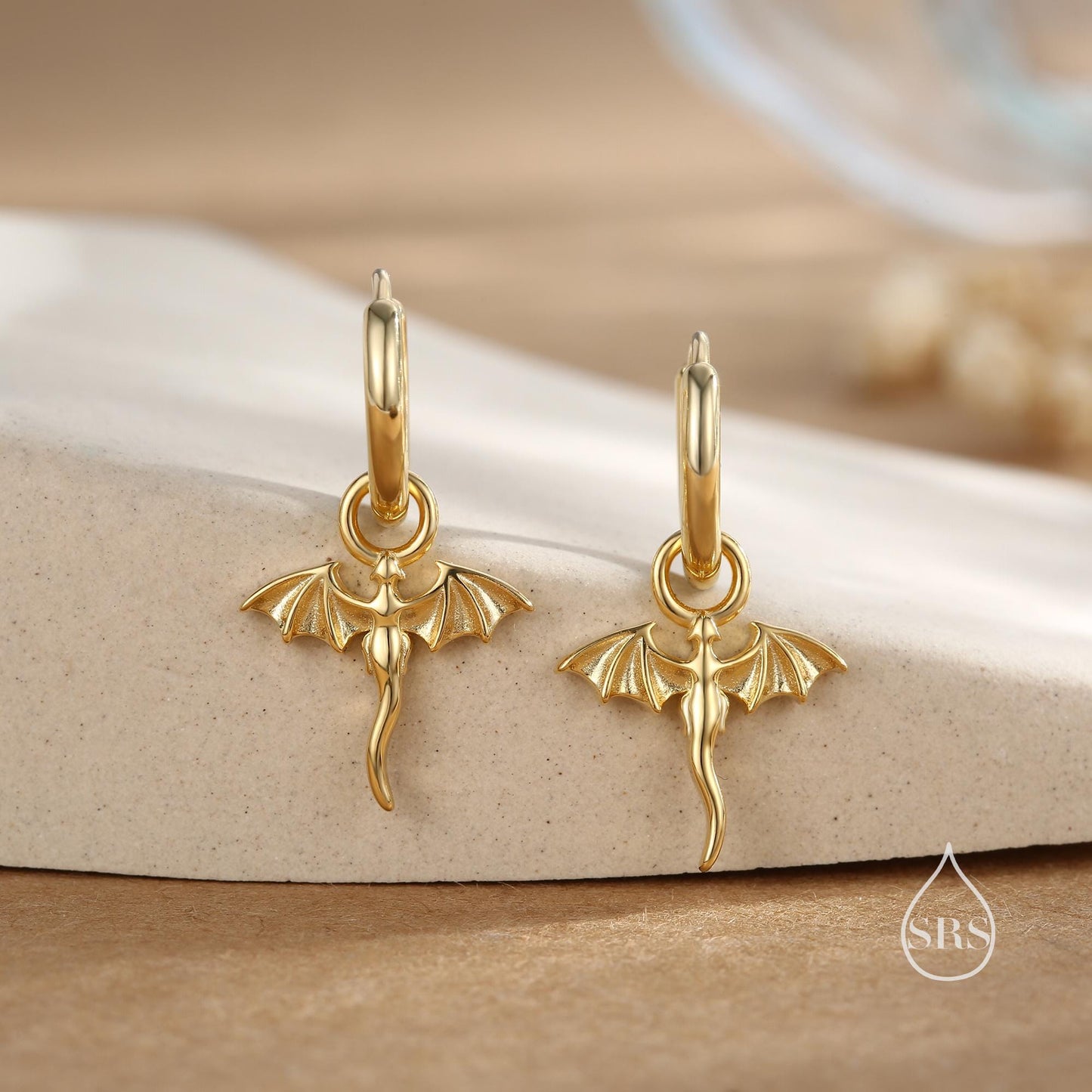 Tiny Dragon Huggie Hoop in Sterling Silver, Silver or Gold or Rose Gold, Dagon Dangle Hoop Earrings, Detachable and Interchangeable