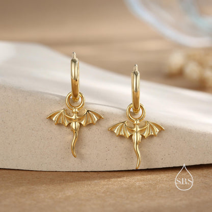 Tiny Dragon Huggie Hoop in Sterling Silver, Silver or Gold or Rose Gold, Dagon Dangle Hoop Earrings, Detachable and Interchangeable