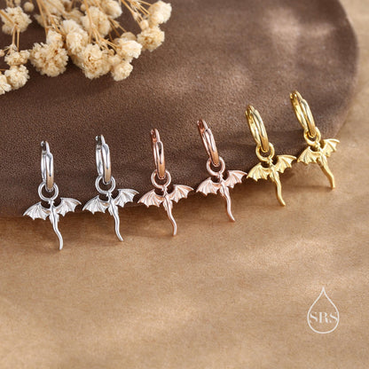 Tiny Dragon Huggie Hoop in Sterling Silver, Silver or Gold or Rose Gold, Dagon Dangle Hoop Earrings, Detachable and Interchangeable
