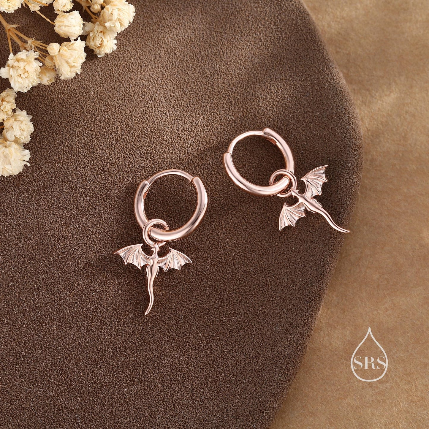 Tiny Dragon Huggie Hoop in Sterling Silver, Silver or Gold or Rose Gold, Dagon Dangle Hoop Earrings, Detachable and Interchangeable