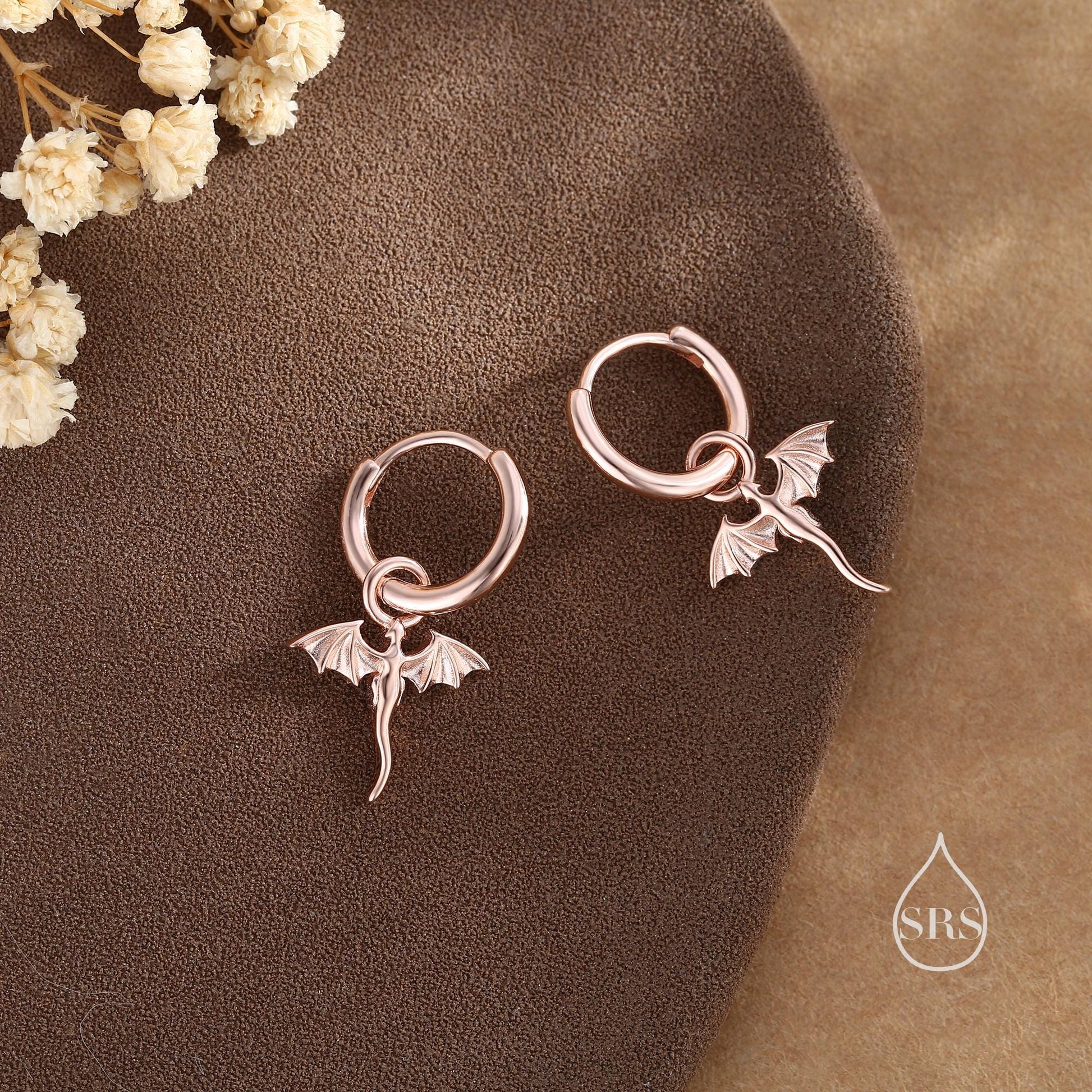 Tiny Dragon Huggie Hoop in Sterling Silver, Silver or Gold or Rose Gold, Dagon Dangle Hoop Earrings, Detachable and Interchangeable