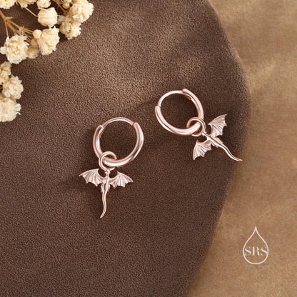 Tiny Dragon Huggie Hoop in Sterling Silver, Silver or Gold or Rose Gold, Dagon Dangle Hoop Earrings, Detachable and Interchangeable