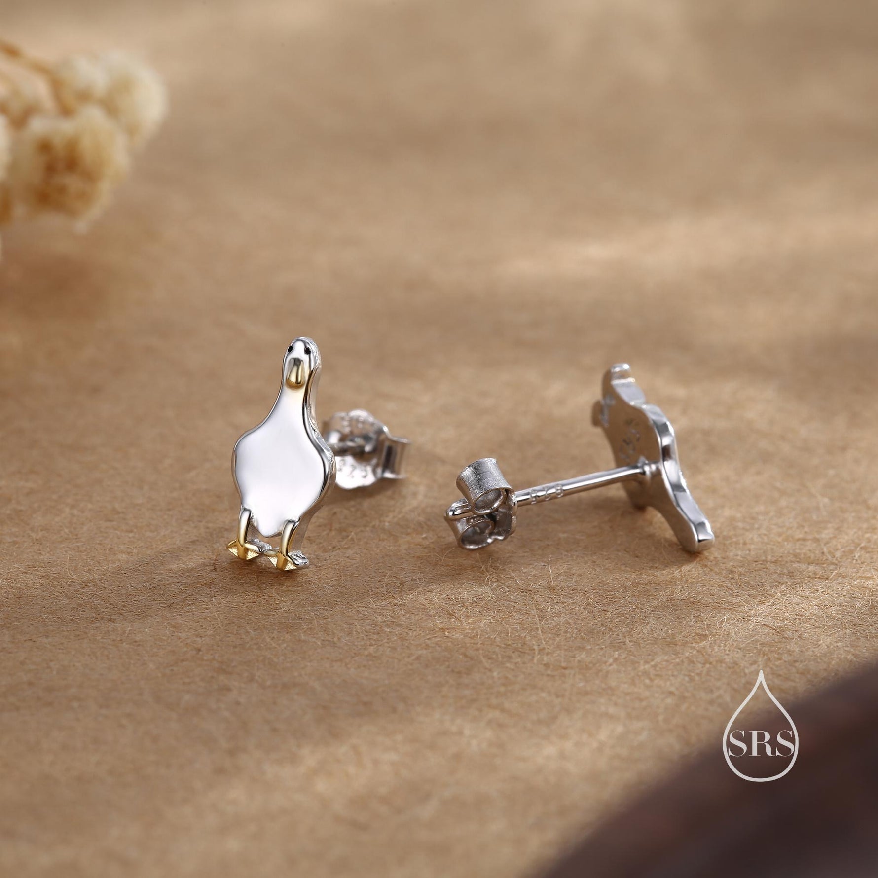 Silly Duck Stud Earrings in Sterling Silver, Extra Tiny, Bird Earrings,Two Tone Duck Earrings, Cute Duck Earrings