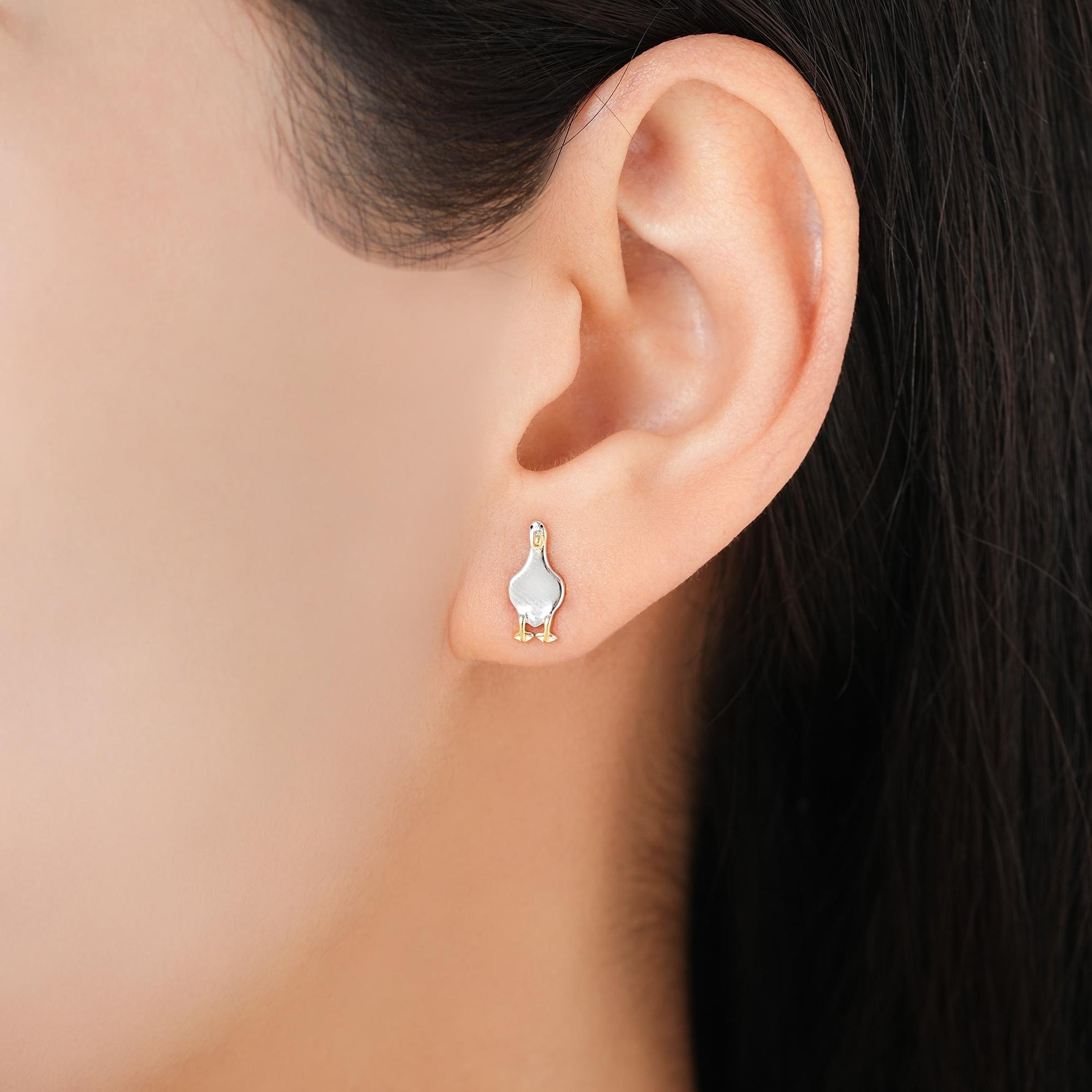 Silly Duck Stud Earrings in Sterling Silver, Extra Tiny, Bird Earrings,Two Tone Duck Earrings, Cute Duck Earrings