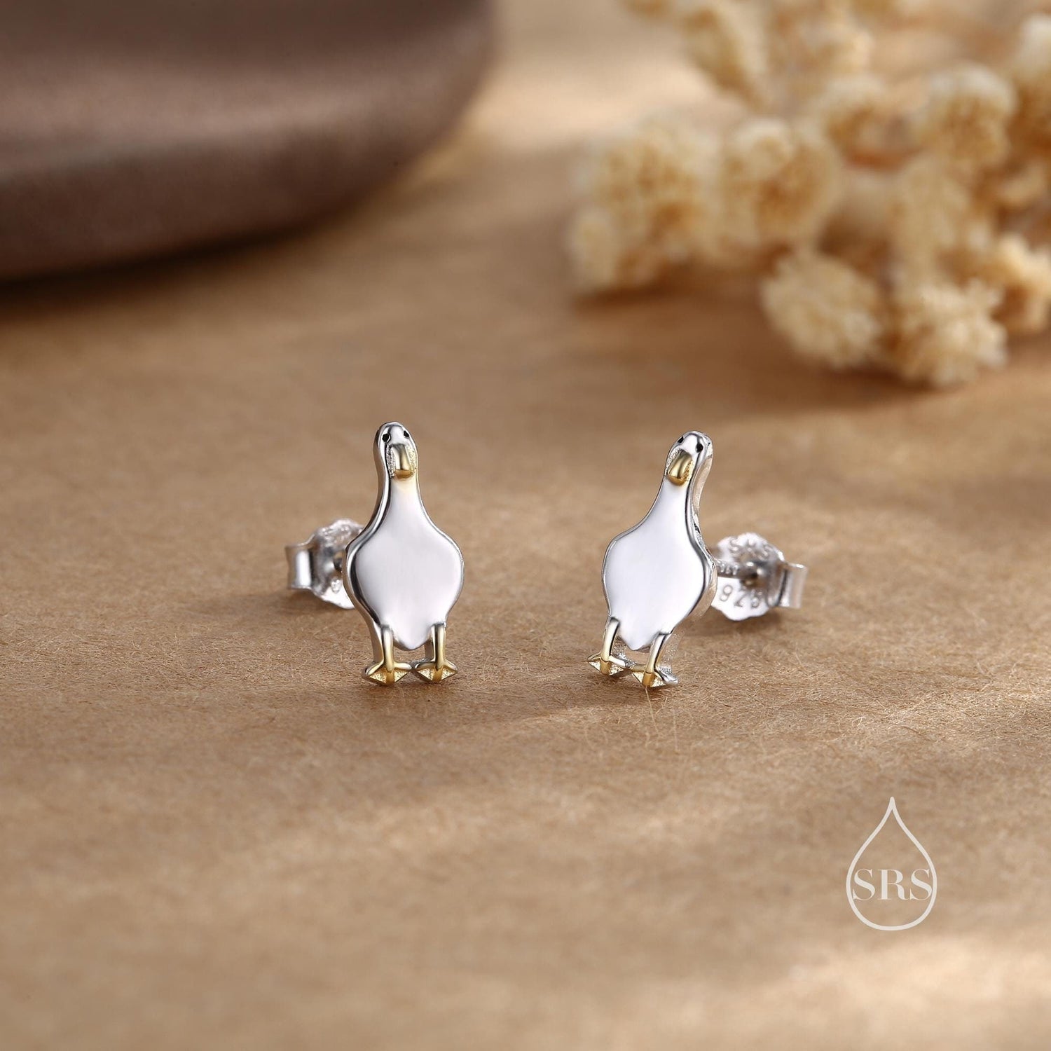 Silly Duck Stud Earrings in Sterling Silver, Extra Tiny, Bird Earrings,Two Tone Duck Earrings, Cute Duck Earrings