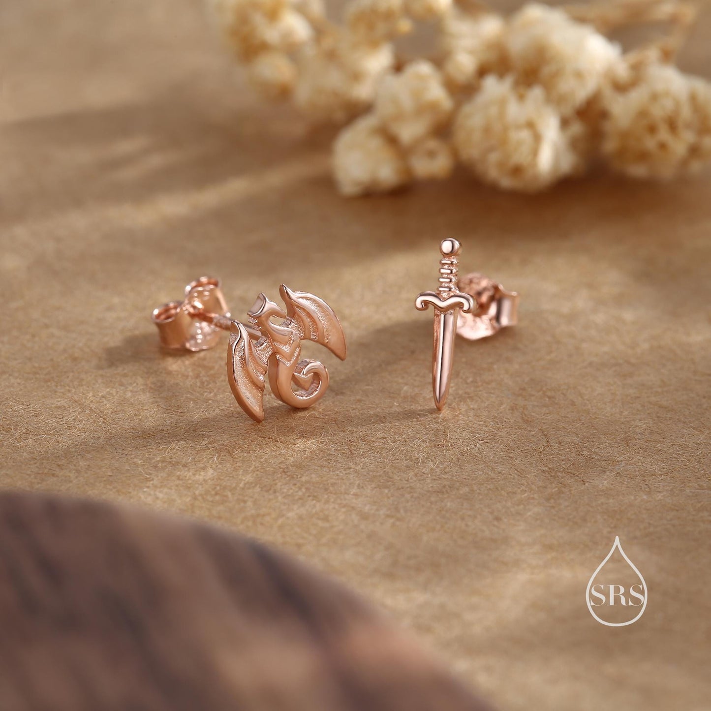 Mismatched Dragon and Sword Stud Earrings in Sterling Silver, Silver, Gold or Rose Gold, Asymmetric Dragon Earrings