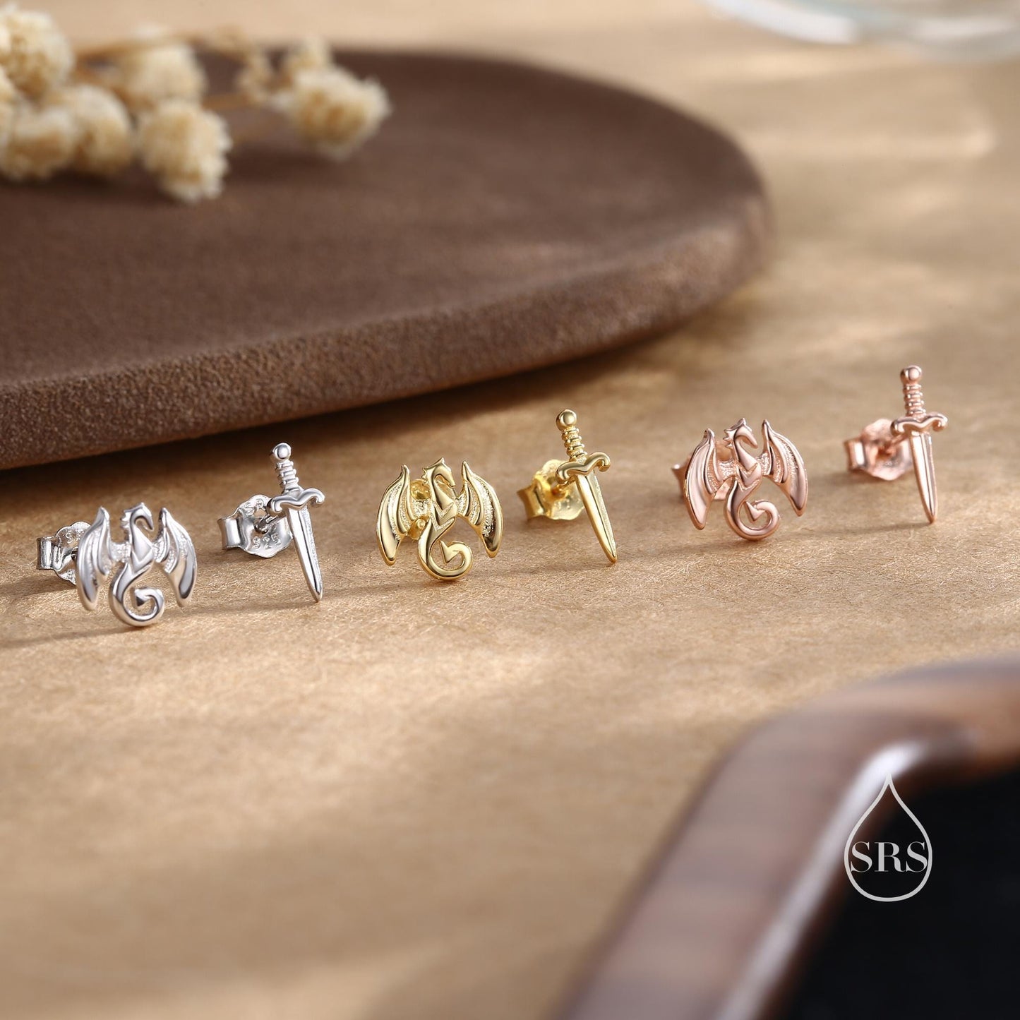 Mismatched Dragon and Sword Stud Earrings in Sterling Silver, Silver, Gold or Rose Gold, Asymmetric Dragon Earrings