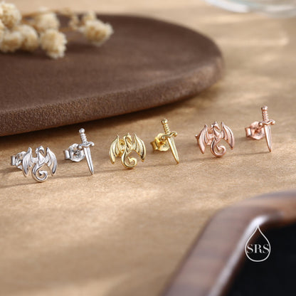 Mismatched Dragon and Sword Stud Earrings in Sterling Silver, Silver, Gold or Rose Gold, Asymmetric Dragon Earrings