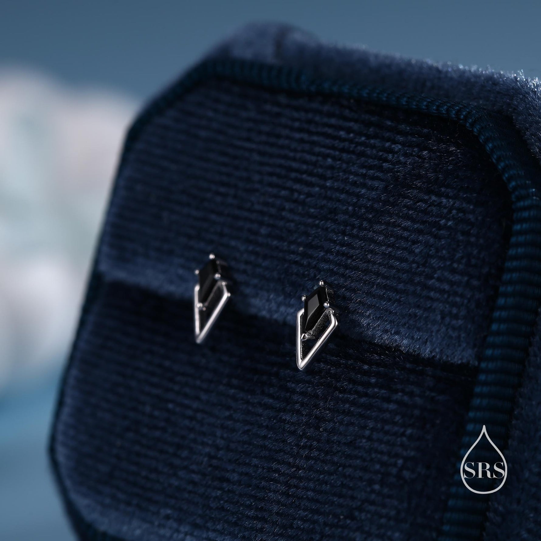 Art Deco Inspired Tiny Rhombus Black CZ Stud Earrings in Sterling Silver, Silver or Gold or Rose Gold, Tiny Triangle Rhombus Earrings