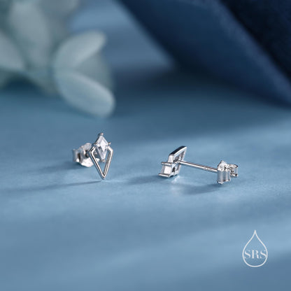 Art Deco Inspired Tiny Rhombus Screw Back / Internally Threaded Flat Back CZ Stud Earrings in Sterling Silver, Silver or Gold or Rose Gold