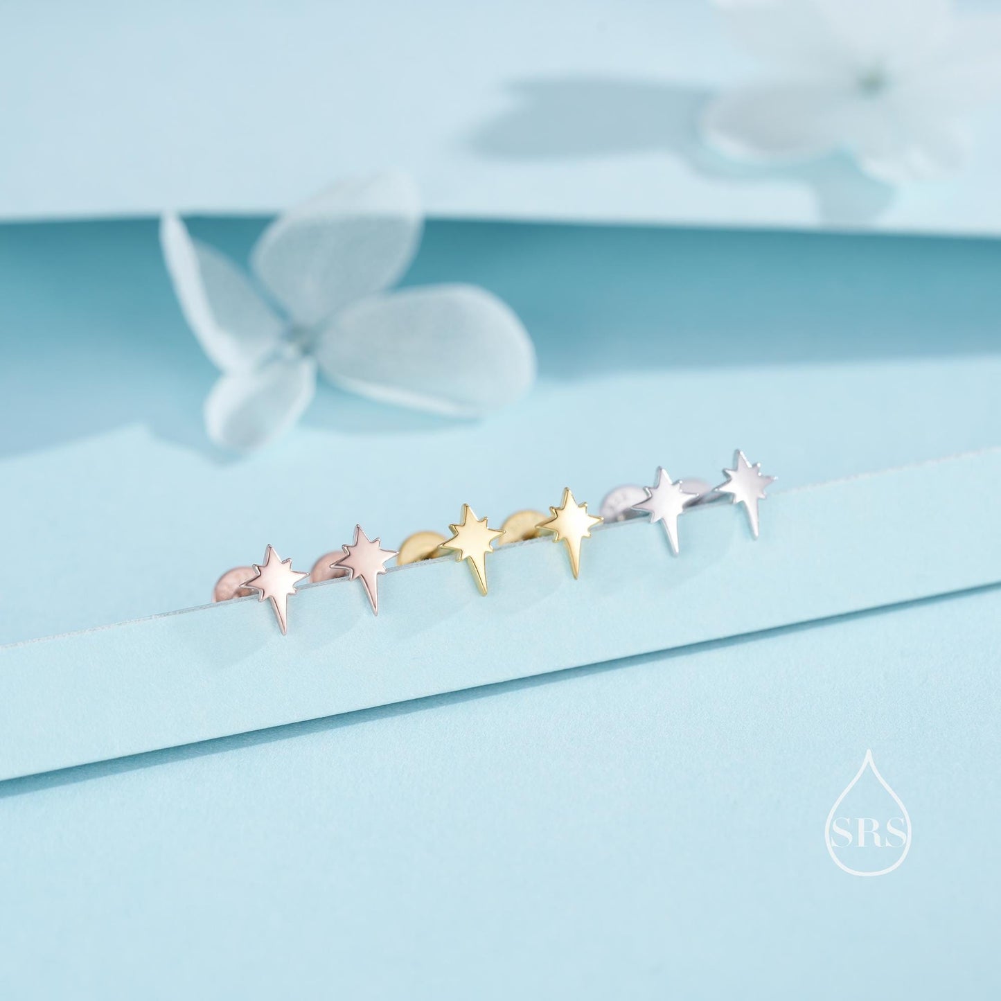 Tiny Starburst Screw Back /Flat Back / Stud Earrings in Sterling Silver, Silver, Gold or Rose Gold, Sunburst Star Earrings