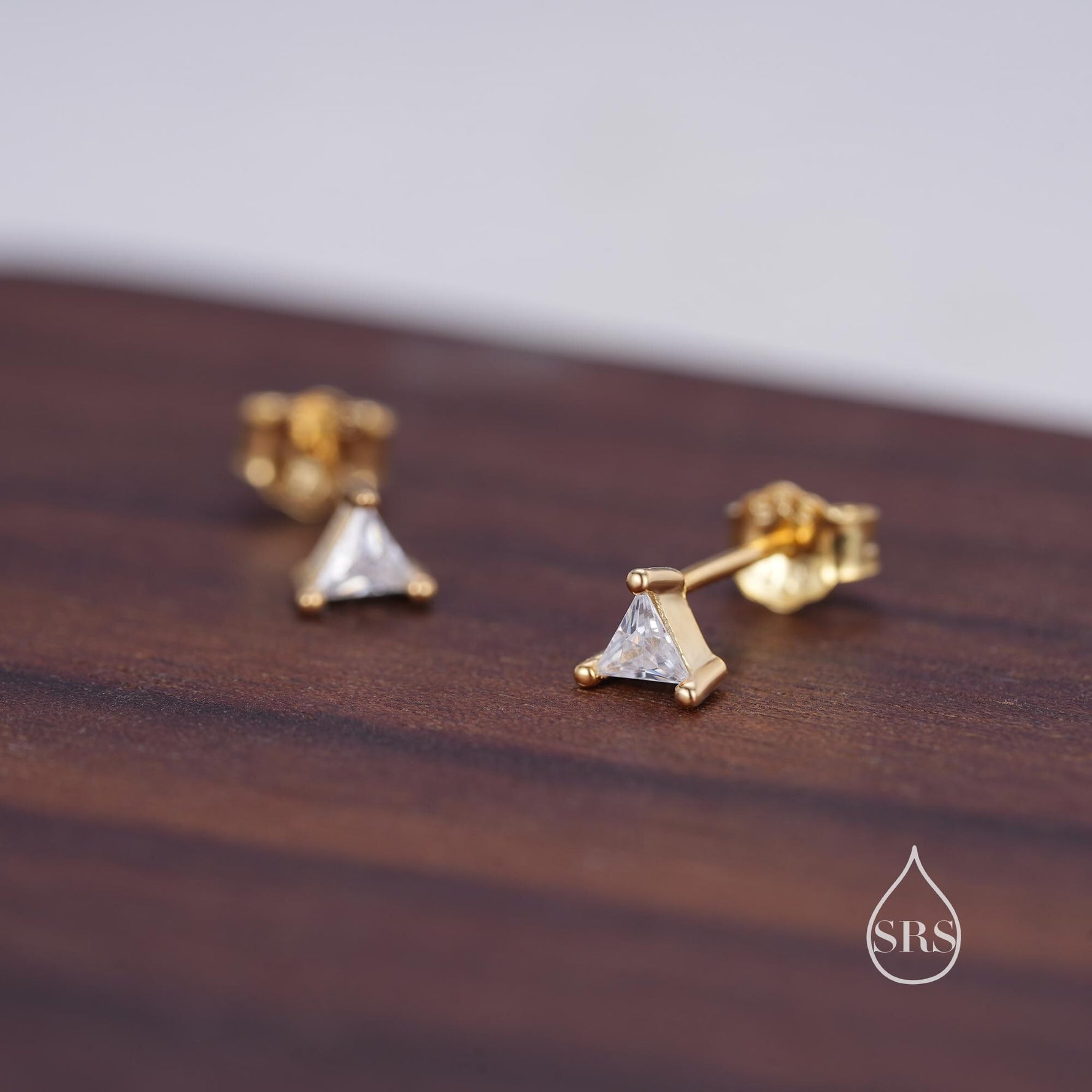 Extra Tiny Sterling Silver Minimalist Triangle CZ Crystal Stud Earrings - Simple Geometric Design, Silver or Gold or Rose Gold