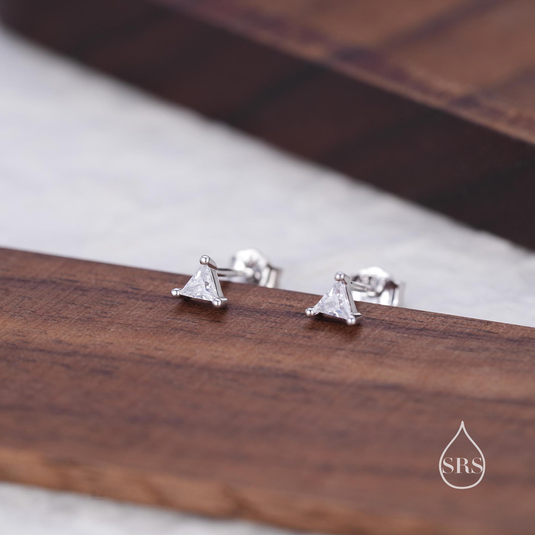 Extra Tiny Sterling Silver Minimalist Triangle CZ Crystal Stud Earrings - Simple Geometric Design, Silver or Gold or Rose Gold