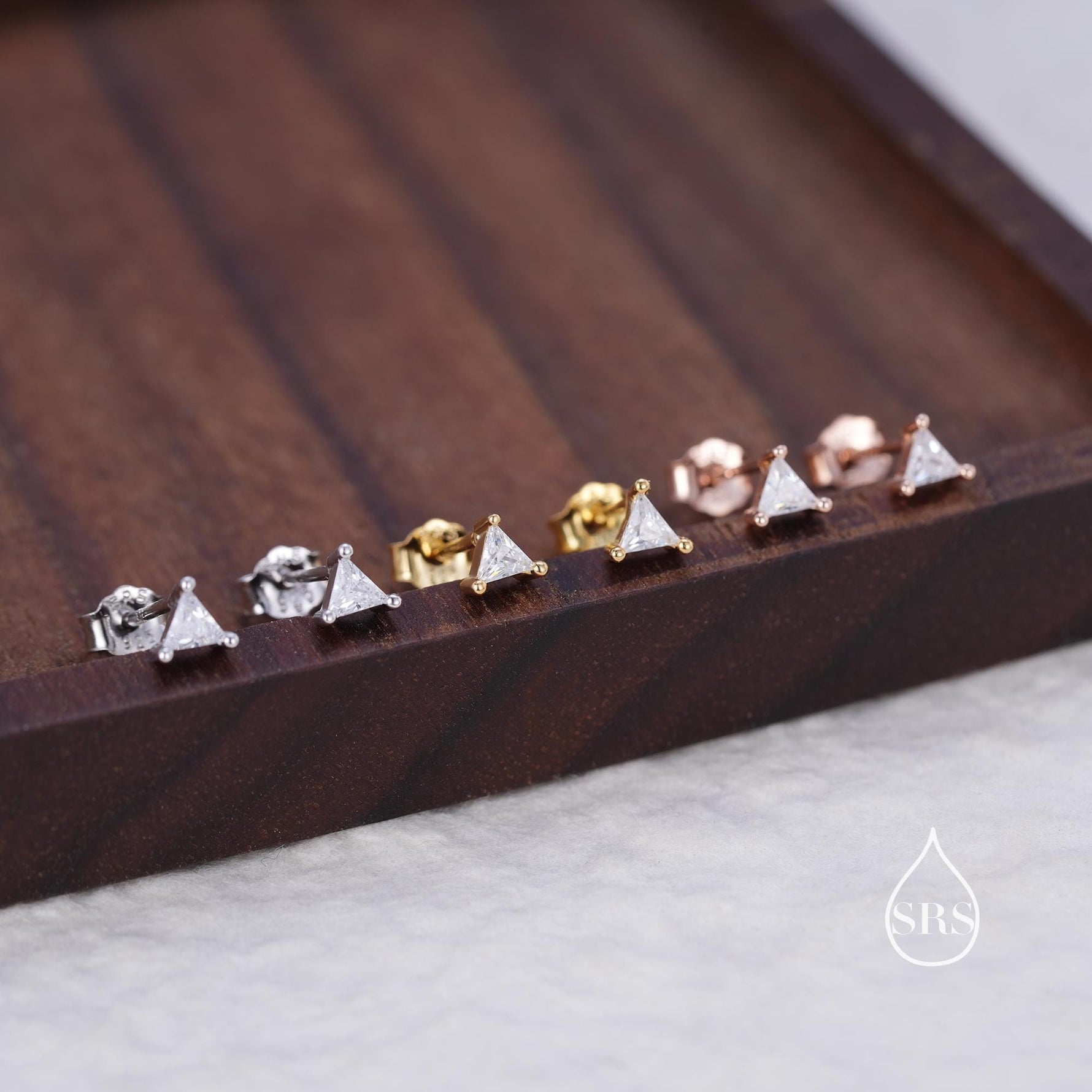 Extra Tiny Sterling Silver Minimalist Triangle CZ Crystal Stud Earrings - Simple Geometric Design, Silver or Gold or Rose Gold