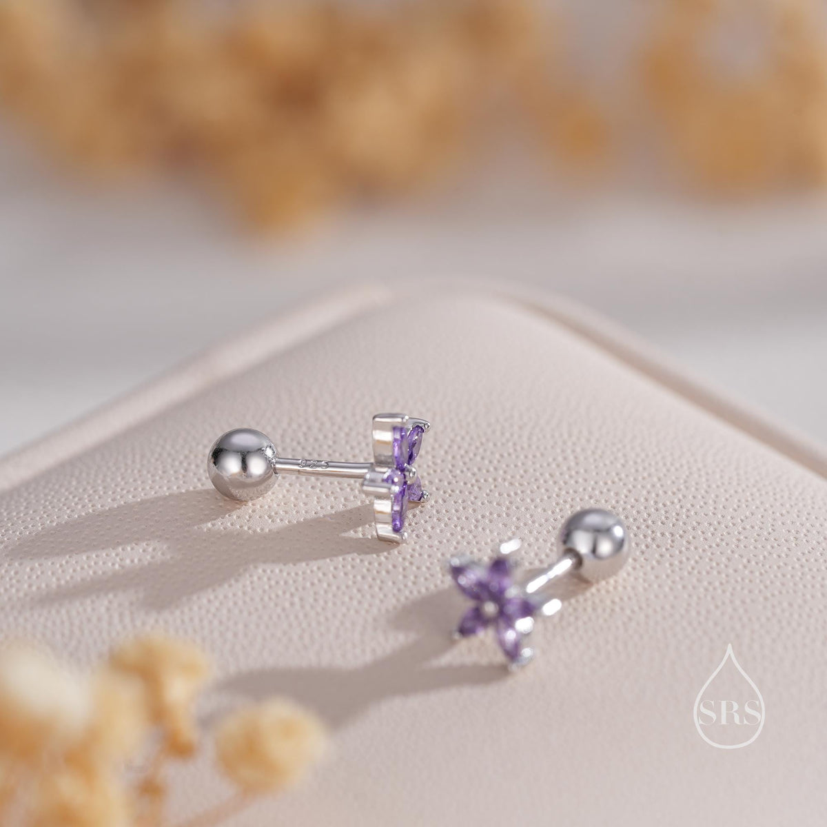 Sterling Silver Purple Amethyst CZ Flower 18G Screw Back Earrings