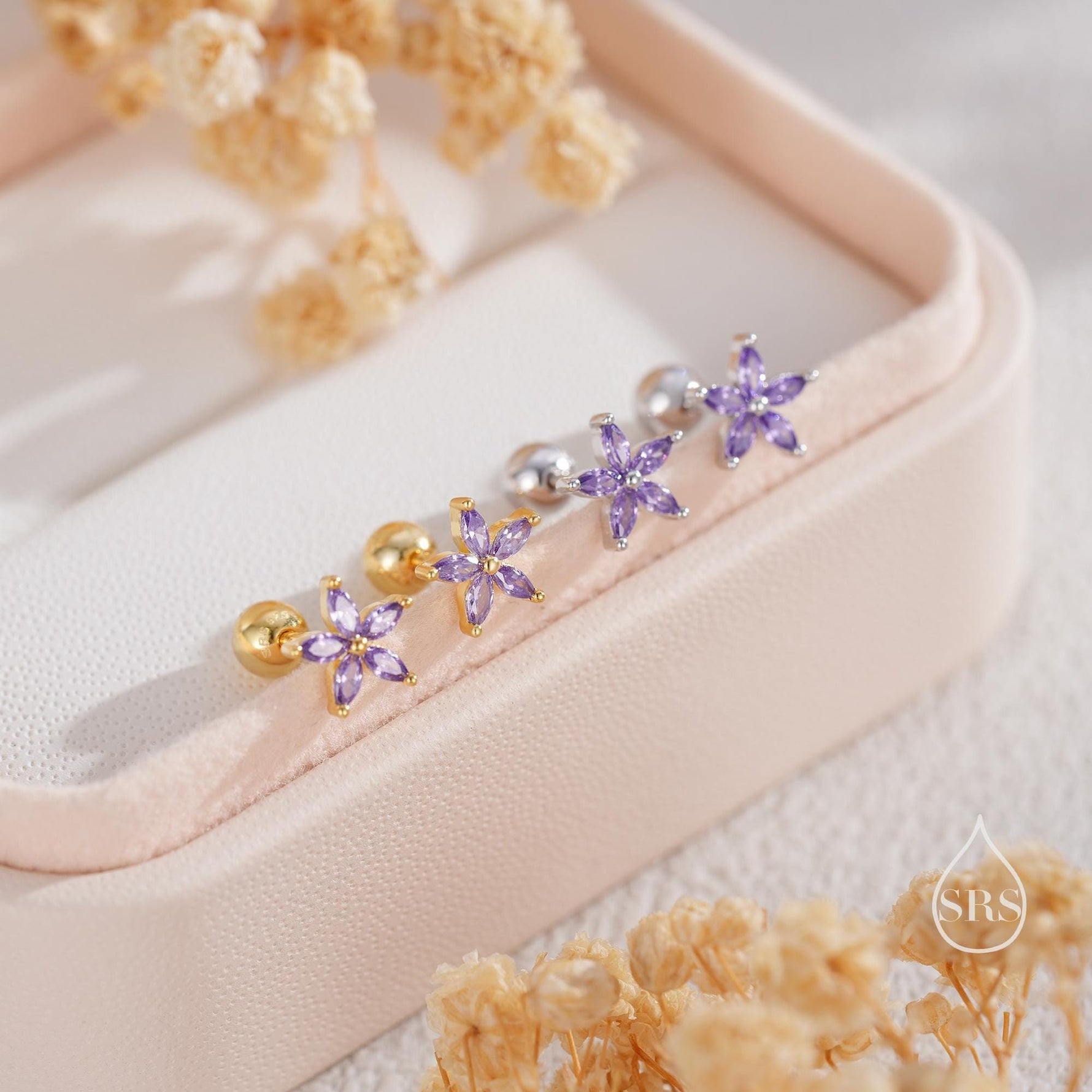 Sterling Silver Purple Amethyst CZ Flower 18G Screw Back Earrings