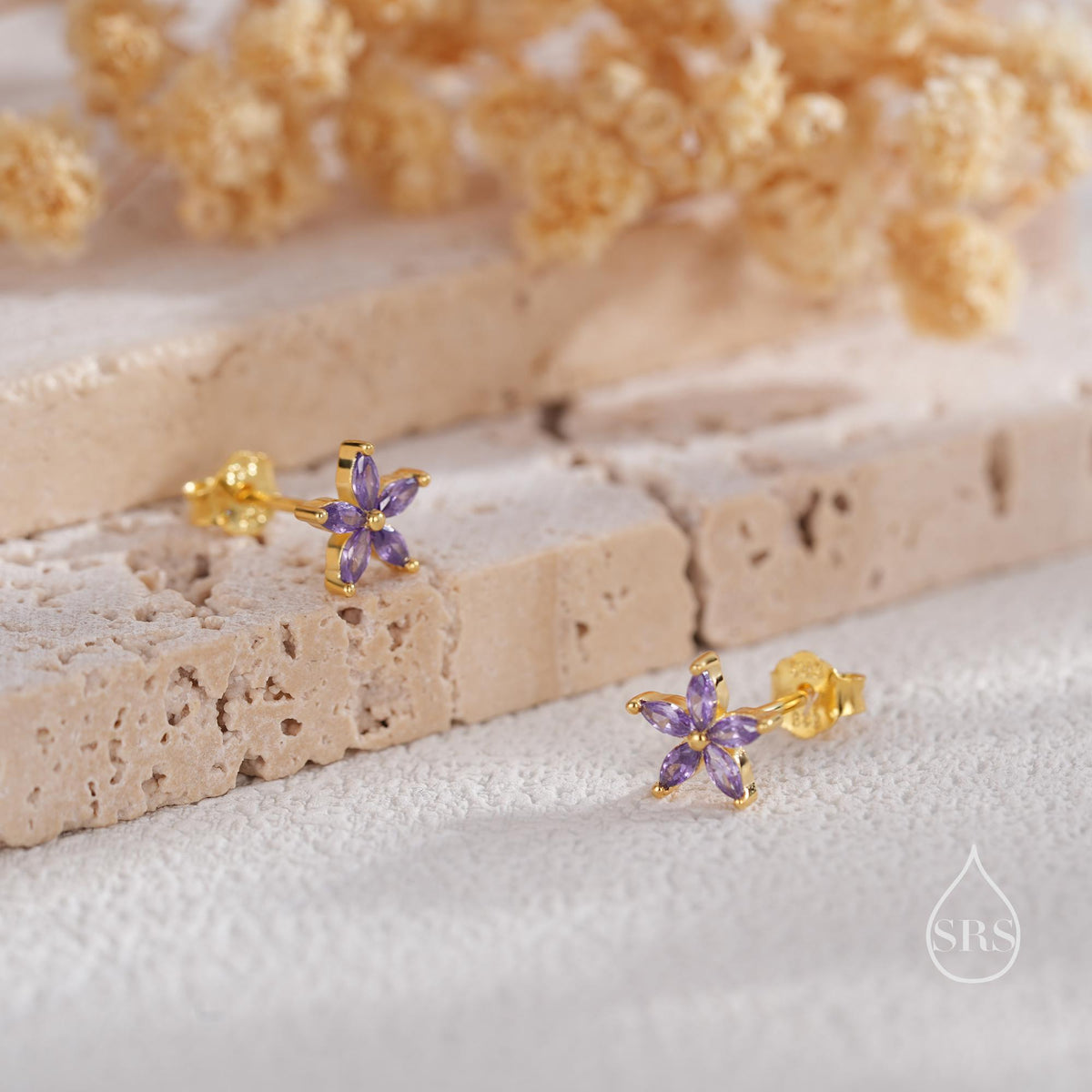 Amethyst Purple CZ Flower Stud Earrings in Sterling Silver, Silver or Gold, Marquise Crystal Earrings