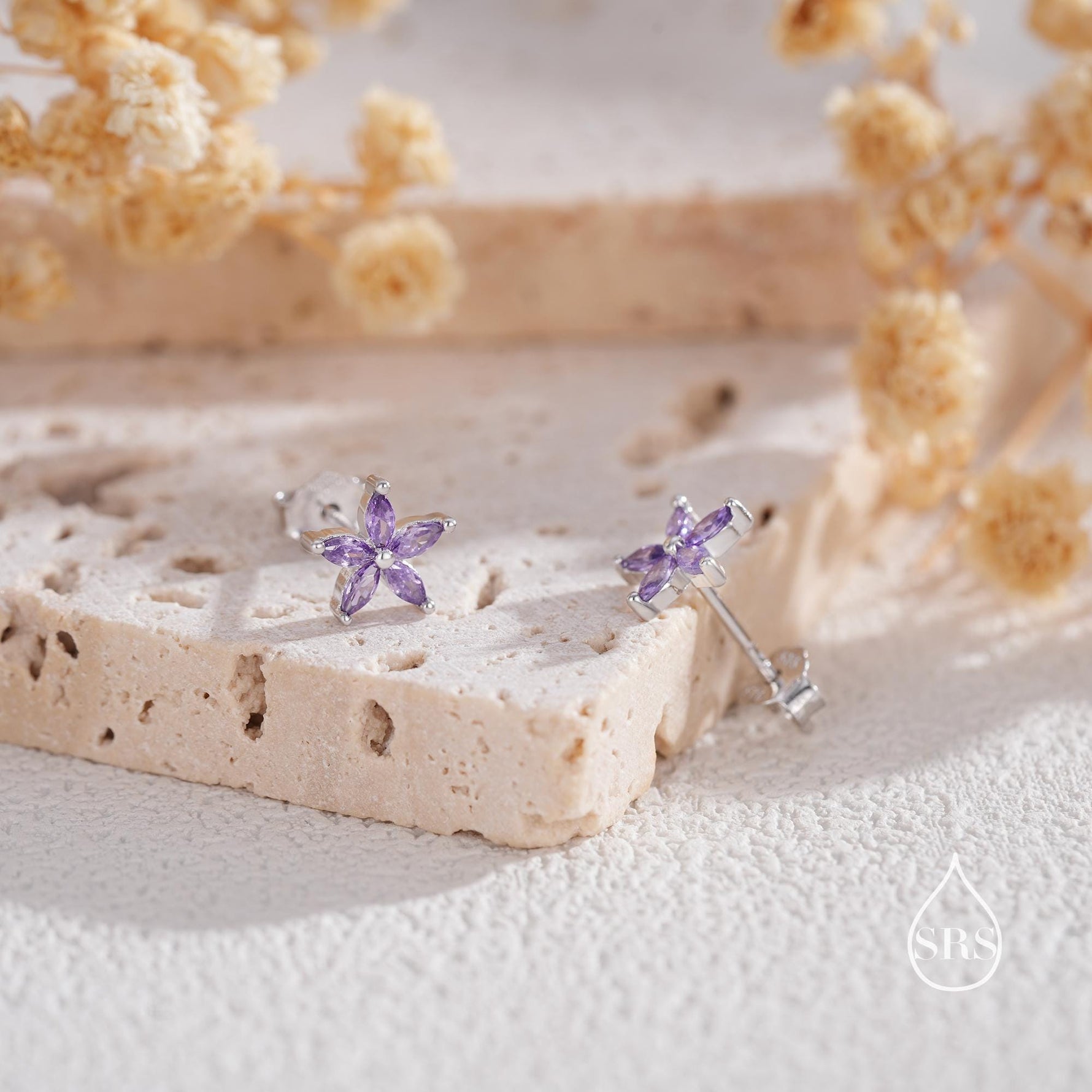 Amethyst Purple CZ Flower Stud Earrings in Sterling Silver, Silver or Gold, Marquise Crystal Earrings