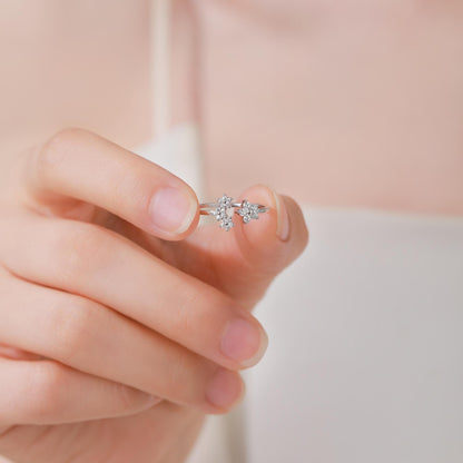 Forget-me-not Flower Bouquet CZ Flower Ring in Sterling Silver, Open Ring, Adjustable Size, Four Crystal Flower Ring, Tiny CZ Ring