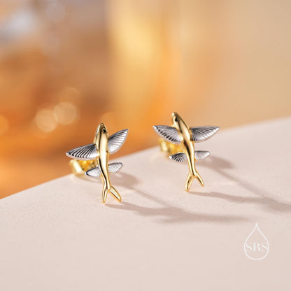 Very Tiny Flying Fish Stud Earrings in Sterling Silver, Silver or Gold or Mixed Tone, Cute Flying Fish Earrings