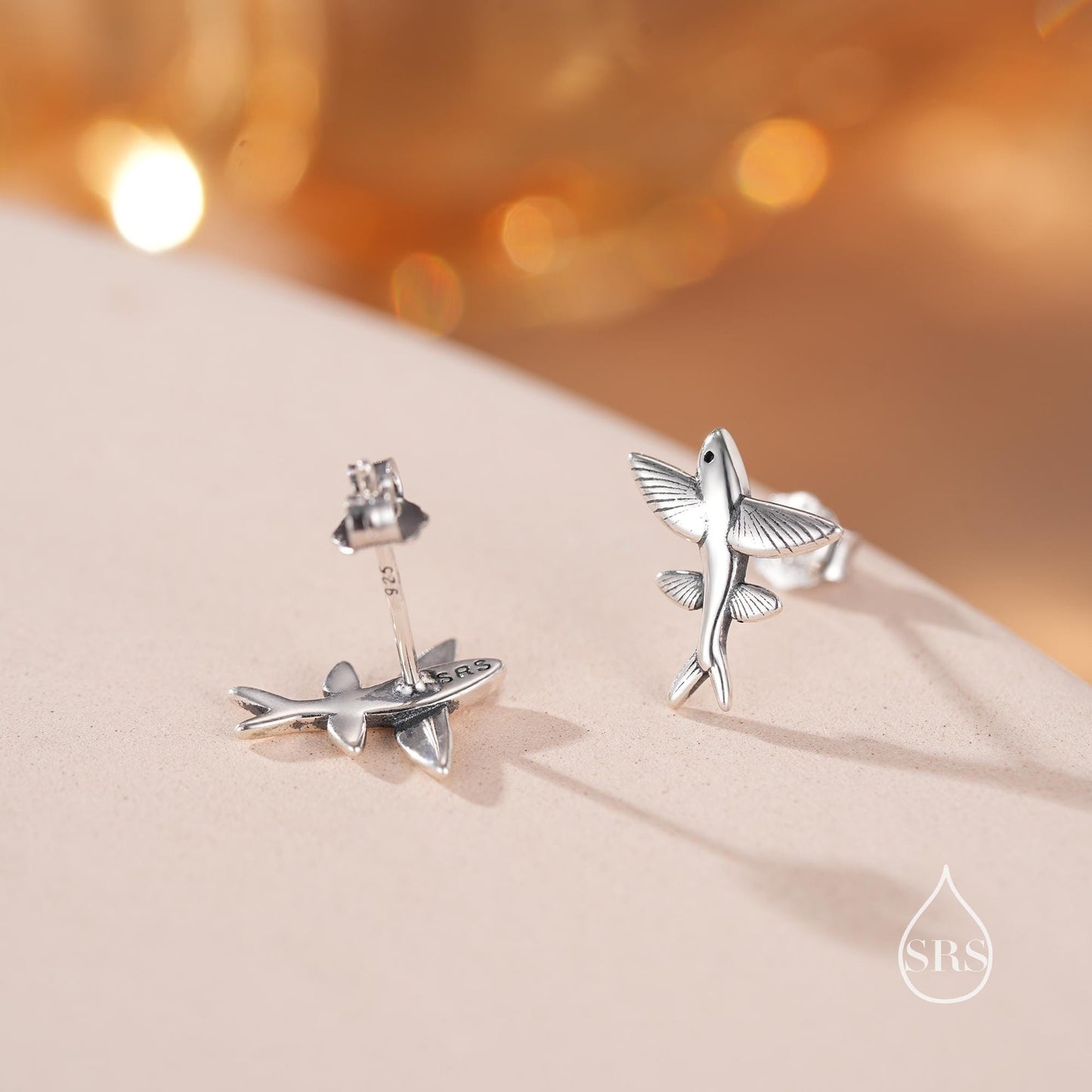 Very Tiny Flying Fish Stud Earrings in Sterling Silver, Silver or Gold or Mixed Tone, Cute Flying Fish Earrings