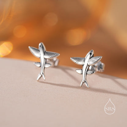 Very Tiny Flying Fish Stud Earrings in Sterling Silver, Silver or Gold or Mixed Tone, Cute Flying Fish Earrings