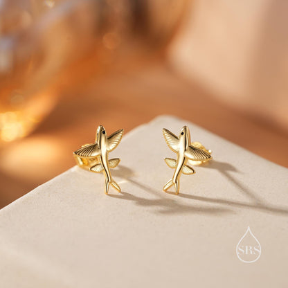 Very Tiny Flying Fish Stud Earrings in Sterling Silver, Silver or Gold or Mixed Tone, Cute Flying Fish Earrings