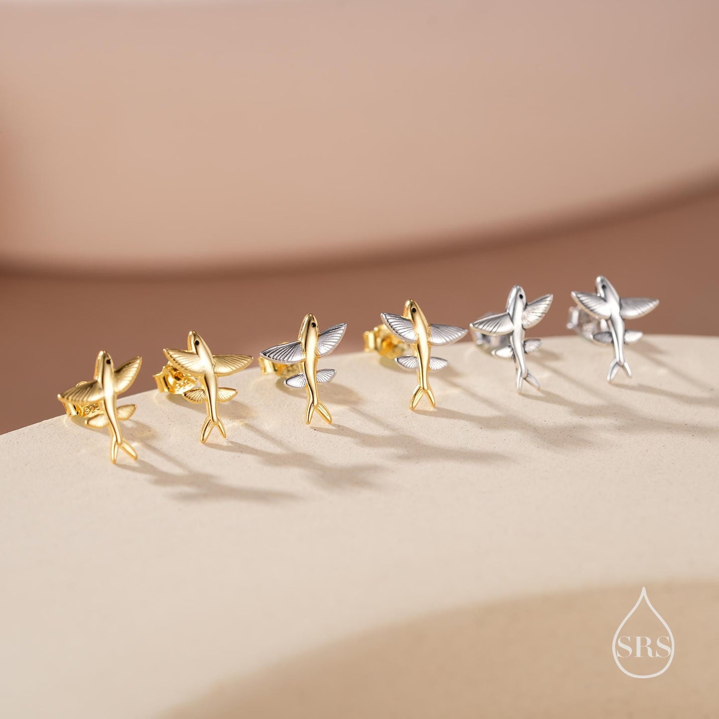 Very Tiny Flying Fish Stud Earrings in Sterling Silver, Silver or Gold or Mixed Tone, Cute Flying Fish Earrings