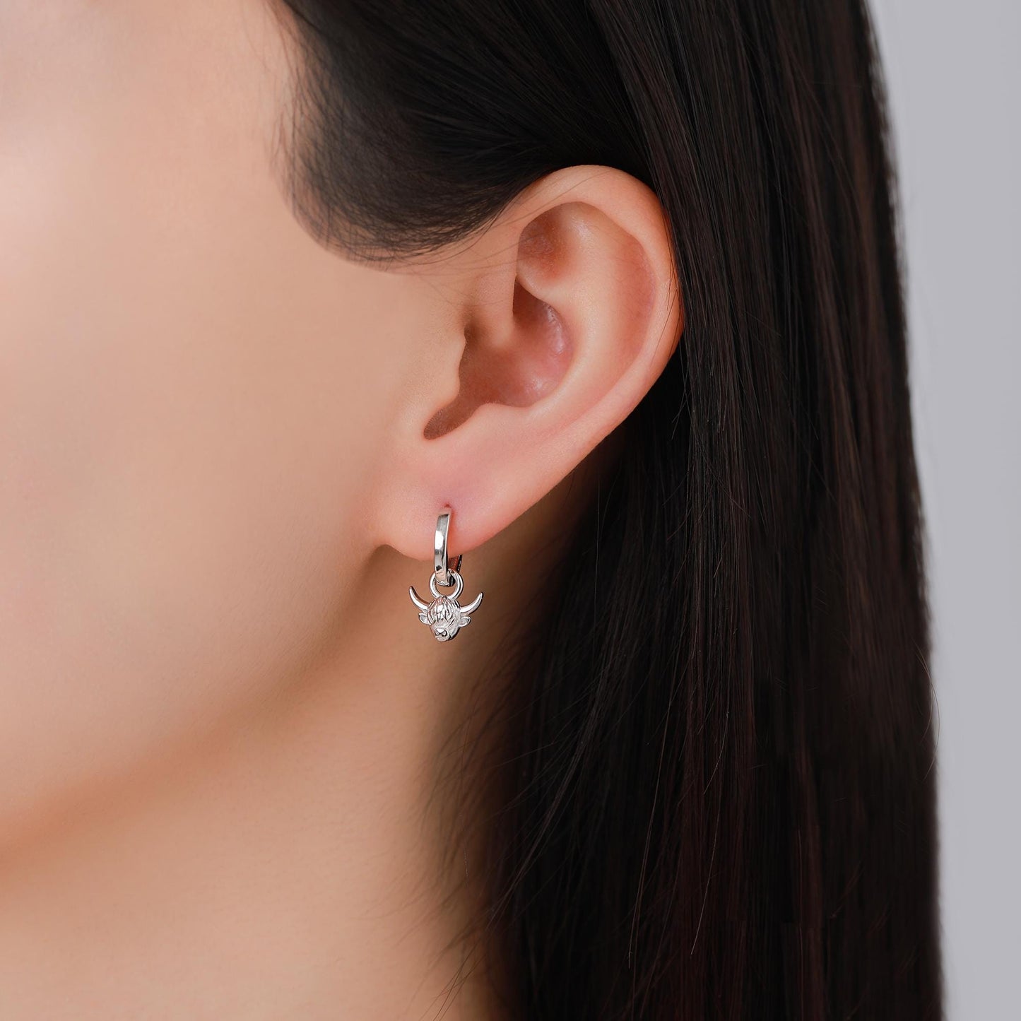Dangling Highland Cow Huggie Hoops in Sterling Silver, Silver or Gold or Rose Gold, Highland Cow Earrings, Detachable and Interchangeable
