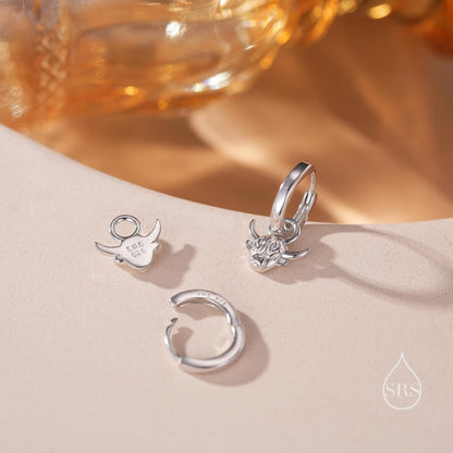 Dangling Highland Cow Huggie Hoops in Sterling Silver, Silver or Gold or Rose Gold, Highland Cow Earrings, Detachable and Interchangeable