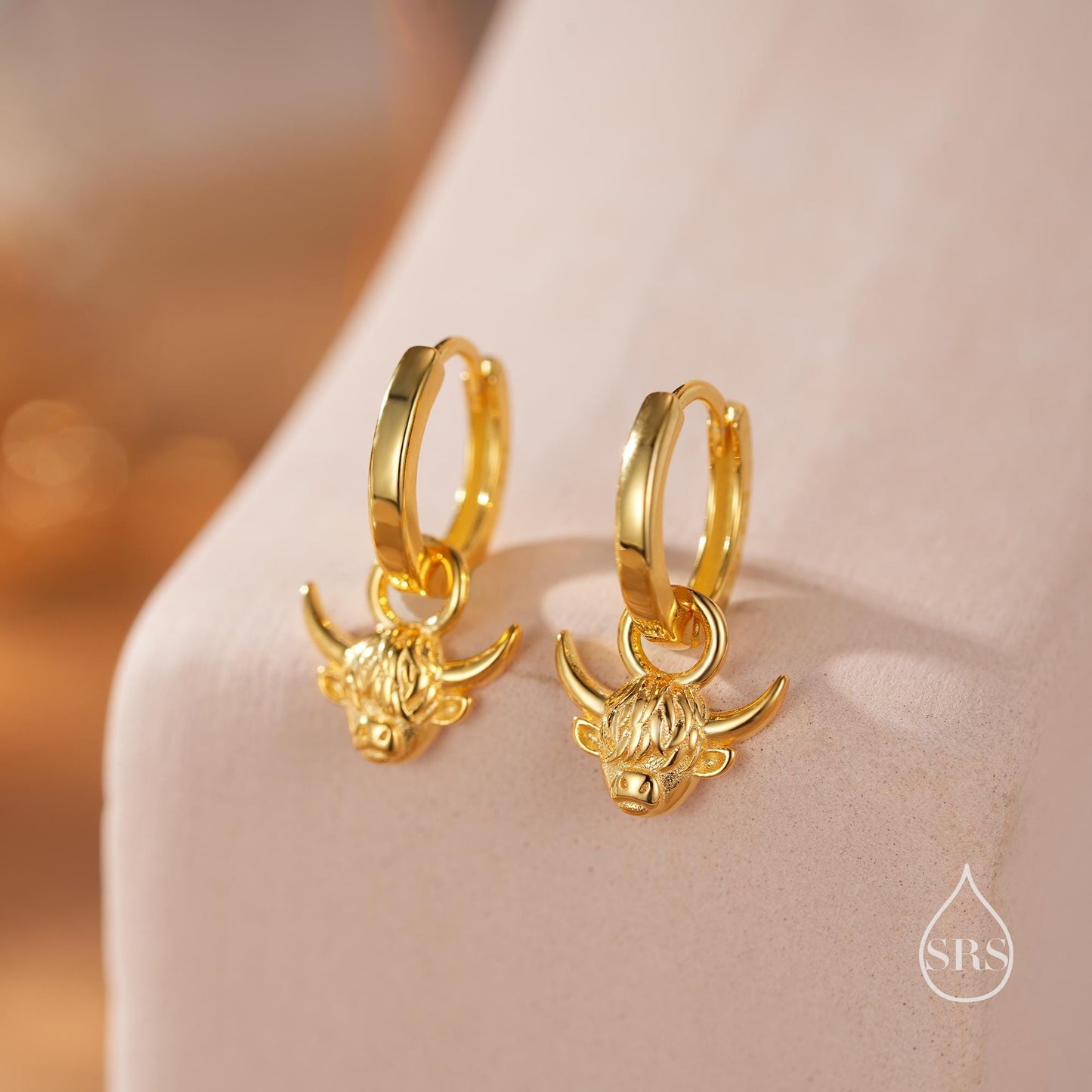 Dangling Highland Cow Huggie Hoops in Sterling Silver, Silver or Gold or Rose Gold, Highland Cow Earrings, Detachable and Interchangeable