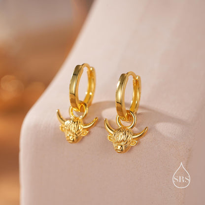 Dangling Highland Cow Huggie Hoops in Sterling Silver, Silver or Gold or Rose Gold, Highland Cow Earrings, Detachable and Interchangeable