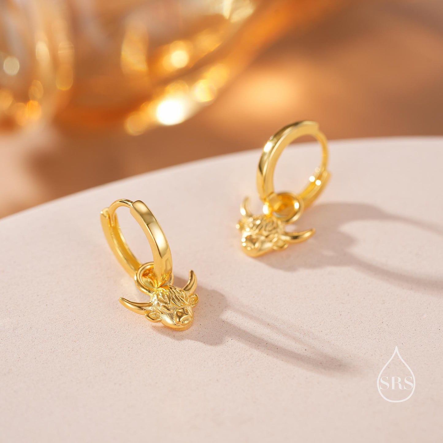 Dangling Highland Cow Huggie Hoops in Sterling Silver, Silver or Gold or Rose Gold, Highland Cow Earrings, Detachable and Interchangeable