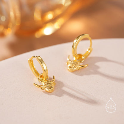 Dangling Highland Cow Huggie Hoops in Sterling Silver, Silver or Gold or Rose Gold, Highland Cow Earrings, Detachable and Interchangeable