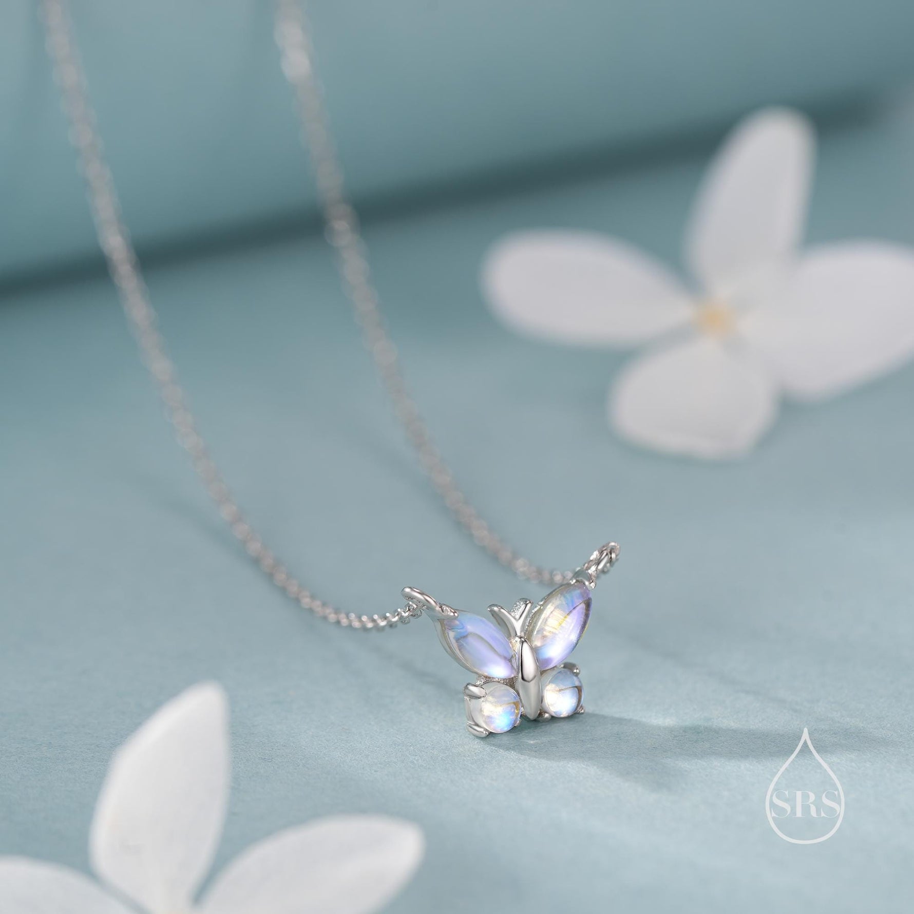 Simulated Moonstone Butterfly Necklace in Sterling Silver, Silver or Gold or Rose Gold, Tiny Lab Moonstone Butterfly Necklace
