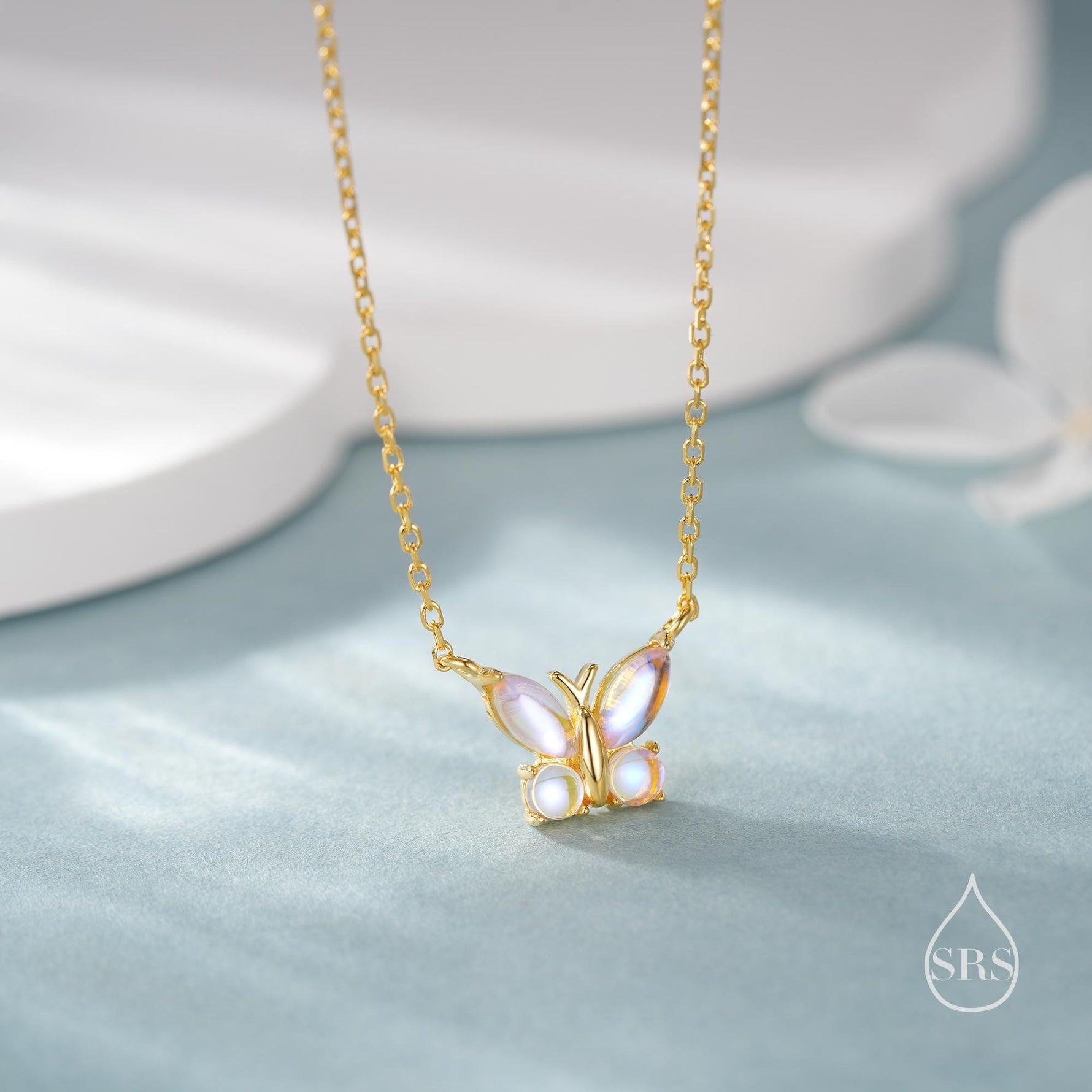 Simulated Moonstone Butterfly Necklace in Sterling Silver, Silver or Gold or Rose Gold, Tiny Lab Moonstone Butterfly Necklace