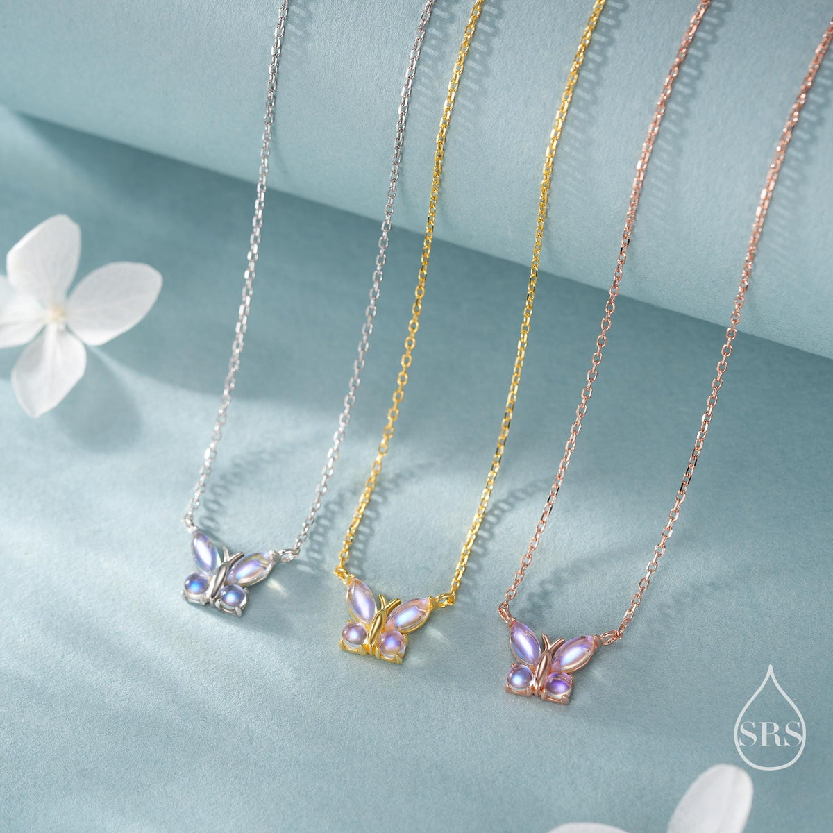 Simulated Moonstone Butterfly Necklace in Sterling Silver, Silver or Gold or Rose Gold, Tiny Lab Moonstone Butterfly Necklace