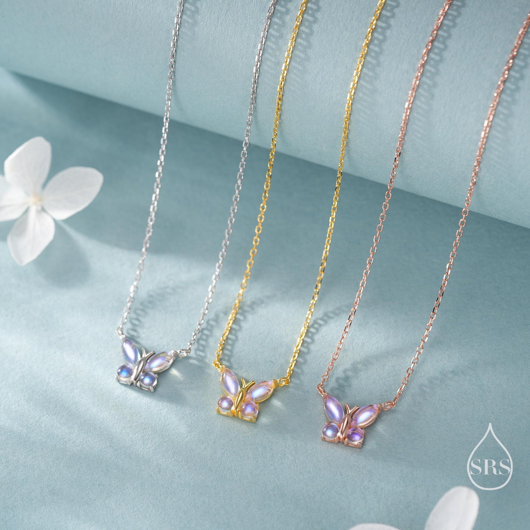 Simulated Moonstone Butterfly Necklace in Sterling Silver, Silver or Gold or Rose Gold, Tiny Lab Moonstone Butterfly Necklace