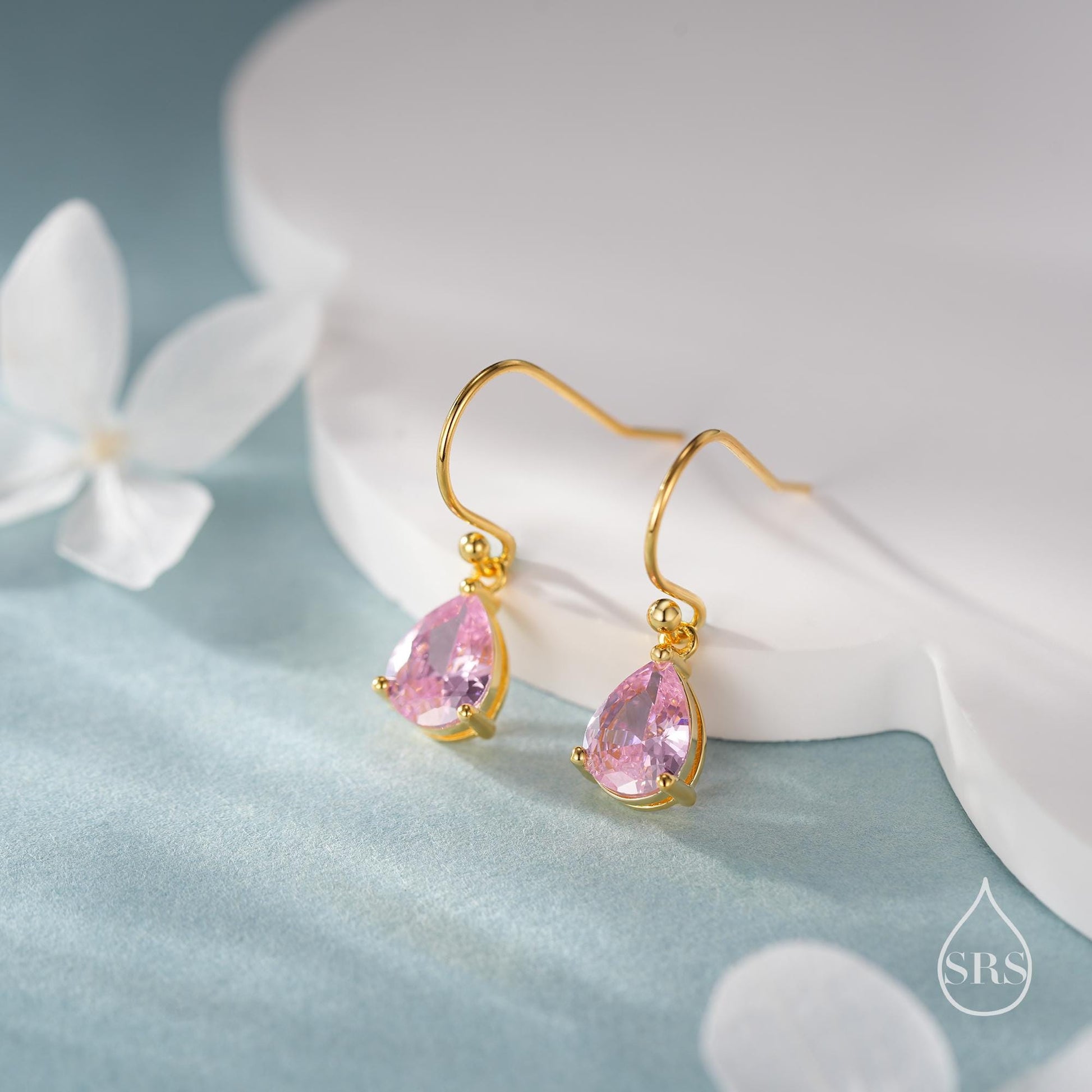 Tourmaline Pink Pear Cut CZ Drop Earrings in Sterling Silver, Silver or Gold, Pink Droplet Dangle Earrings