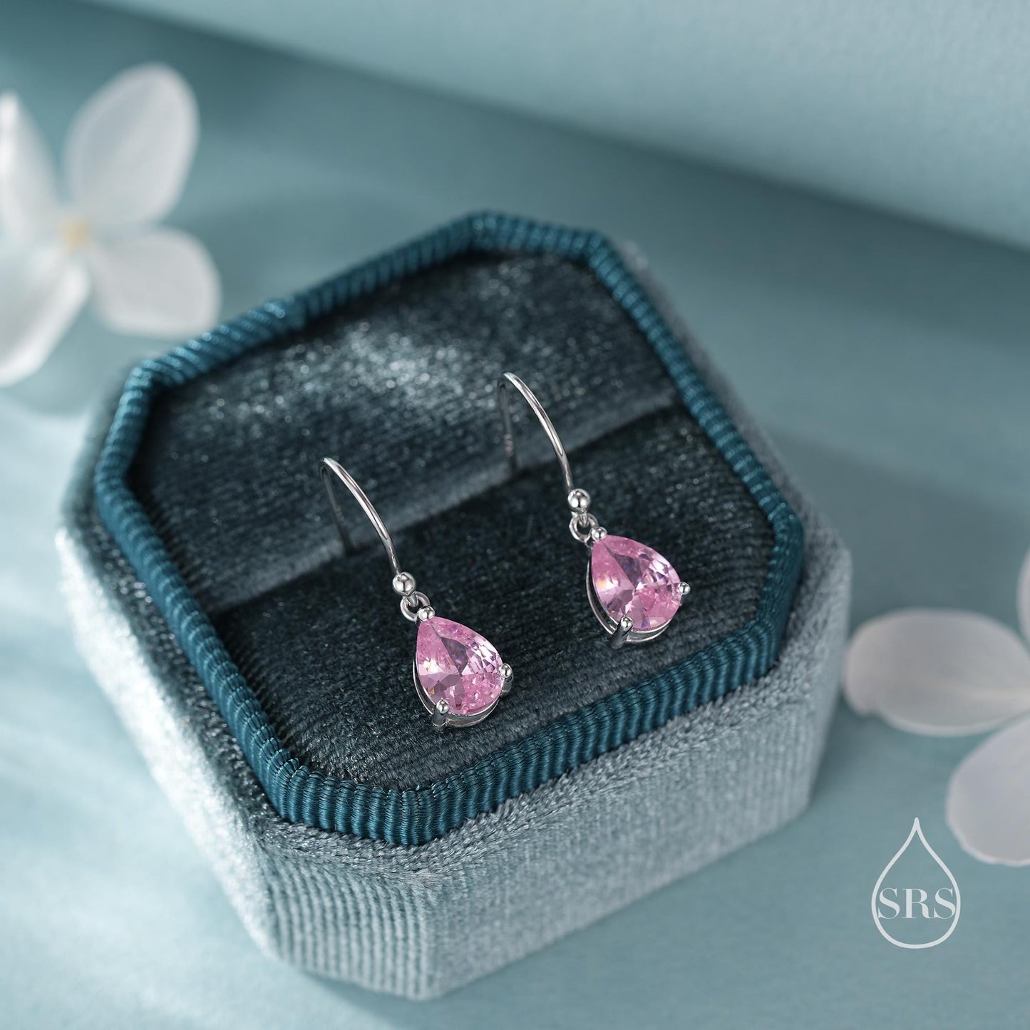 Tourmaline Pink Pear Cut CZ Drop Earrings in Sterling Silver, Silver or Gold, Pink Droplet Dangle Earrings