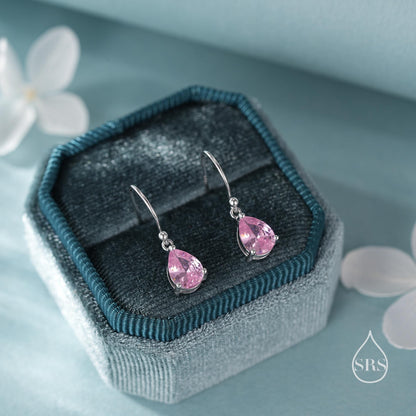 Tourmaline Pink Pear Cut CZ Drop Earrings in Sterling Silver, Silver or Gold, Pink Droplet Dangle Earrings