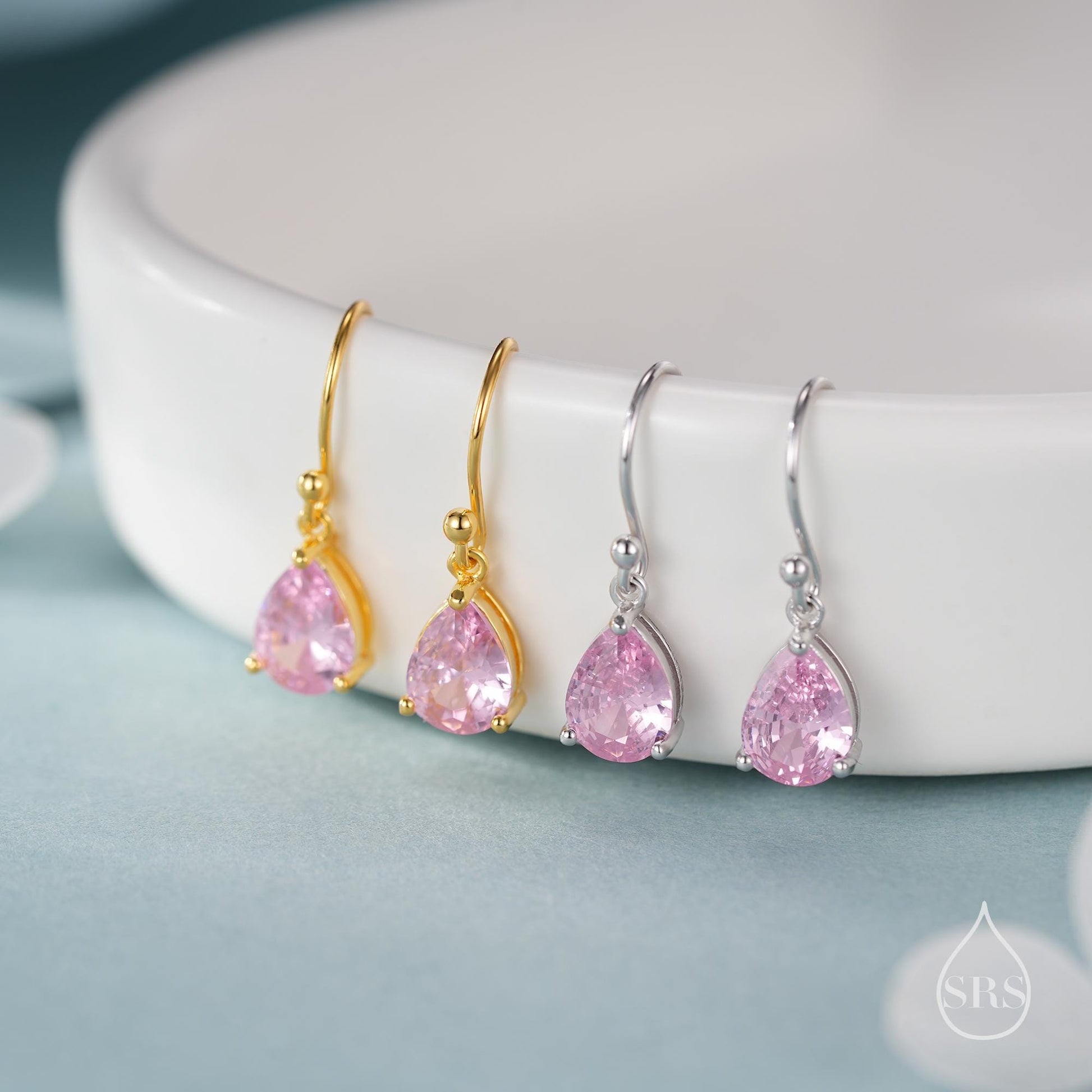 Tourmaline Pink Pear Cut CZ Drop Earrings in Sterling Silver, Silver or Gold, Pink Droplet Dangle Earrings