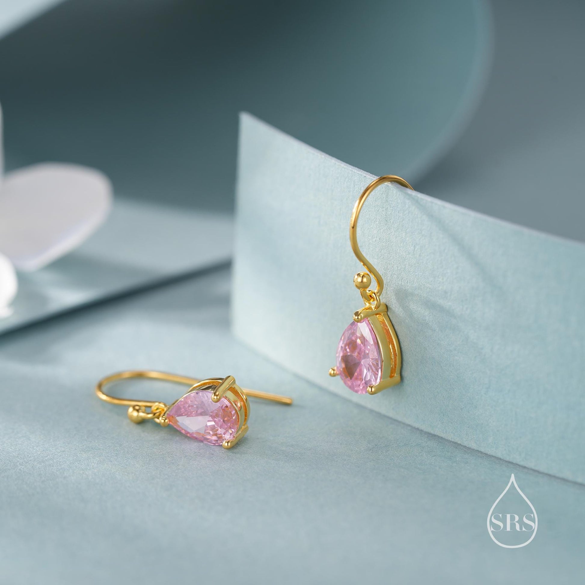 Tourmaline Pink Pear Cut CZ Drop Earrings in Sterling Silver, Silver or Gold, Pink Droplet Dangle Earrings