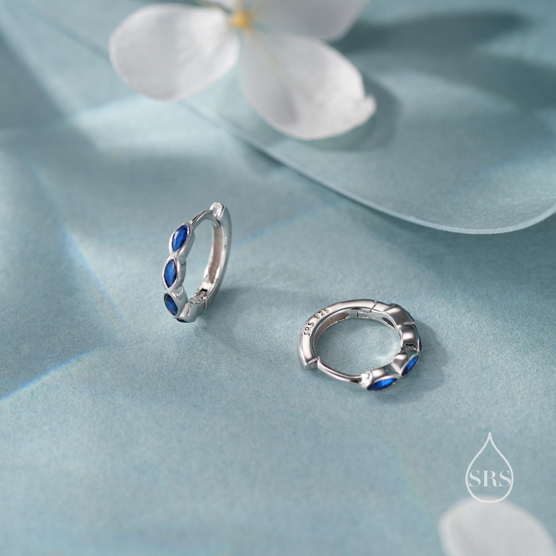 Sapphire Blue Marquise CZ Huggie Hoop in Sterling Silver, Silver or Gold, Minimalist Simple Blue Hoop Earrings