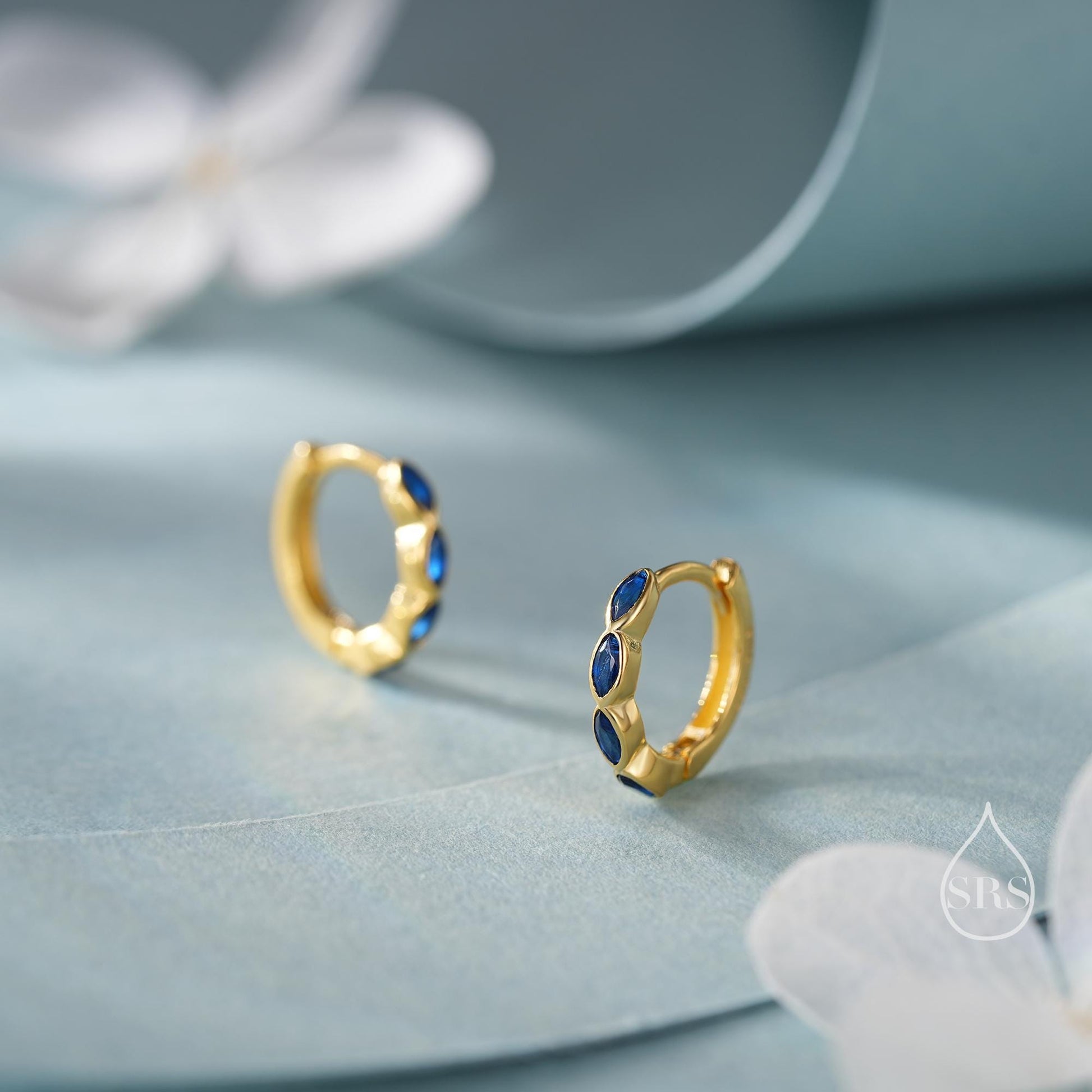 Sapphire Blue Marquise CZ Huggie Hoop in Sterling Silver, Silver or Gold, Minimalist Simple Blue Hoop Earrings