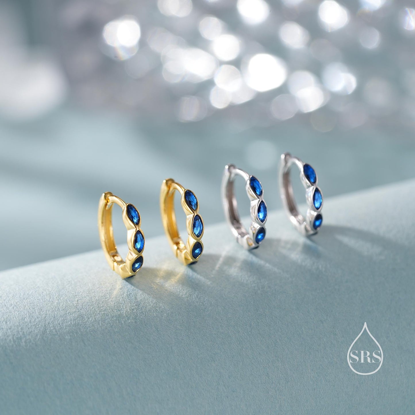 Sapphire Blue Marquise CZ Huggie Hoop in Sterling Silver, Silver or Gold, Minimalist Simple Blue Hoop Earrings