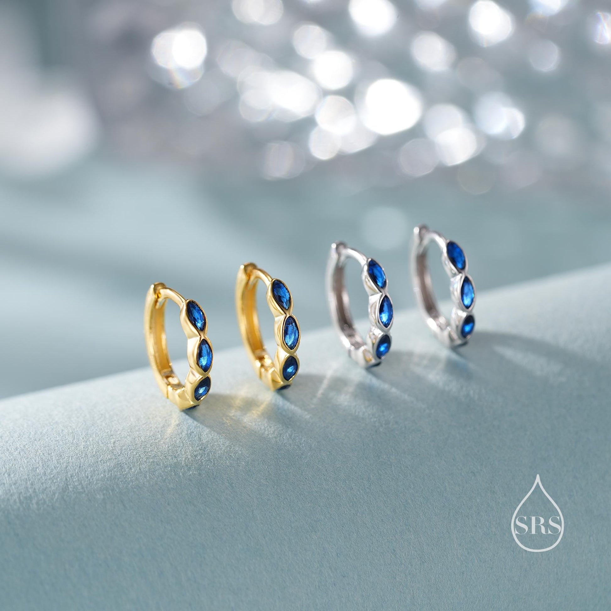 Sapphire Blue Marquise CZ Huggie Hoop in Sterling Silver, Silver or Gold, Minimalist Simple Blue Hoop Earrings