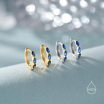 Sapphire Blue Marquise CZ Huggie Hoop in Sterling Silver, Silver or Gold, Minimalist Simple Blue Hoop Earrings